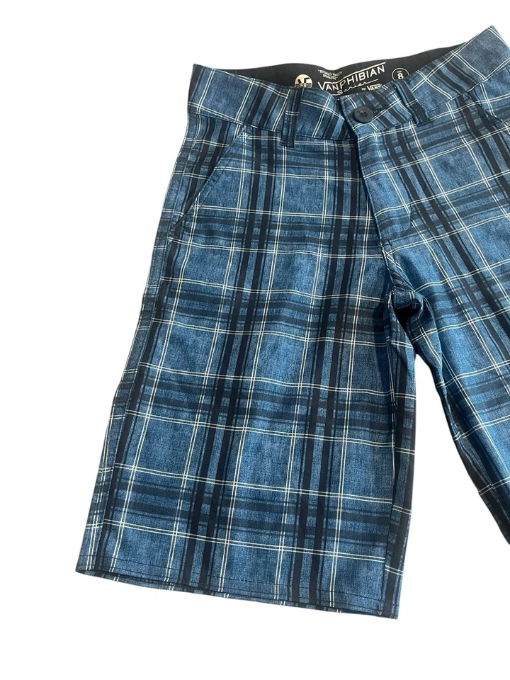 Shorts Vans Meninos Tamanho 8 Vanphibian Series Azul Xadrez Skate Surf Praia Verão NOVO - Imagem 2 de 4