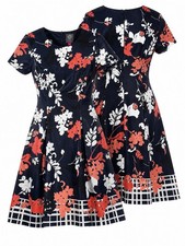 Vince Camuto Bold Floral Fit & Flare Dress Size 2 Navy Coral White Short Sleeve
