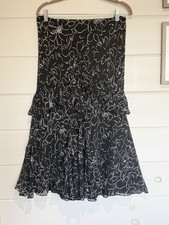 Ralph Lauren Vintage 90s Tiered Ruffle Midi Skirt Black White Floral Medium Silk
