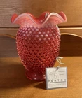 Vintage Fenton 8” Tall Pink Cranberry Hobnail Opalescent Ruffled Topped Vase