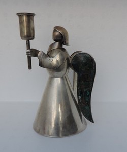 Vintage Los Castillo Candle Holder Taxco Silver Plate with Turquoise & Malachite