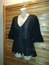 Black Lace Crochet Smocked Fit Flare Woman's Medium 8 Blouse VENUS Zip Front