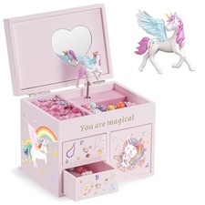Wooden Jewelry Box with Unicorn for Girls, Musical Children's Jewelry Pink