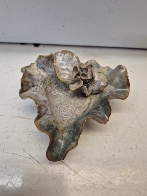 Studio Art Pottery Leaf Shaped Dish Blue Green Glaze Signed 