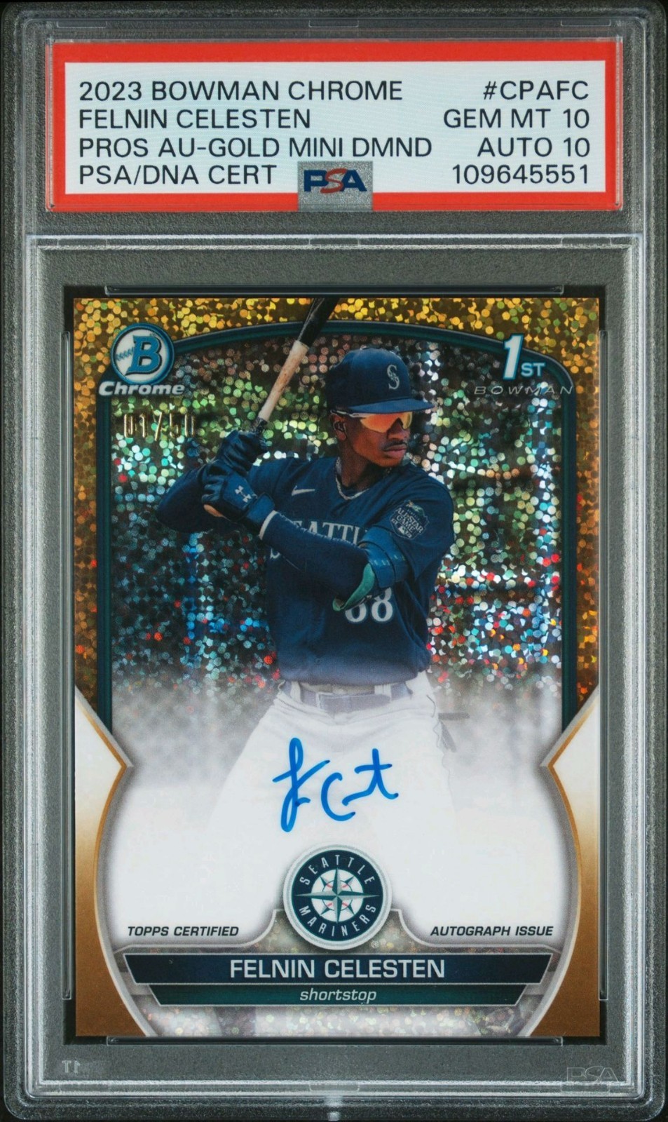 FELNIN CELESTEN 2023 1ST BOWMAN CHROME GOLD Mini Diamond  01/50 PSA 10 AUTO 10