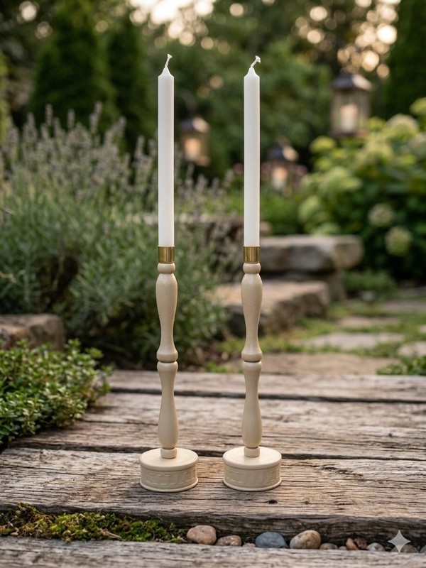 Set Of Cozy Soothing Khaki Glass Base Wooden Spindle Brass Cup Candle Holders