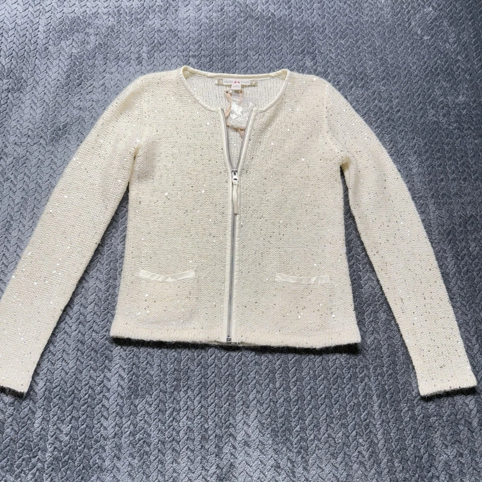 Cardigã Chelsea & Violet XS lantejoulas malha zíper mistura de lã marfim festa cintilante - Imagem 2 de 4