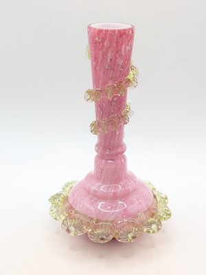 Antike viktorianische Rüschen rosa Flitter Glas Uran Vase UV leuchtend