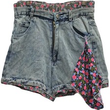 1990s Vintage Denim Shorts Pink Floral High Paper Bag Waist Grunge Summer 9/10
