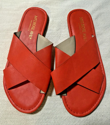 Melrose Ave Red Slide Sandals Womens Size 8 Faux Leather Criss Cross Flats