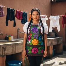 Mexican Embroidered Bib Apron for Women Multicolor with Floral Design 30X24IN