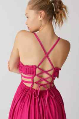 UO Cora Linen Open Back Midi Dress Urban Outfitters Pink Adjustable Tie XS  NEW | eBay