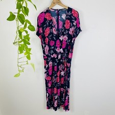Jacqui E Size 18 Dress Navy Blue Pink Floral V Neck Wrap Viscose Tie Waist