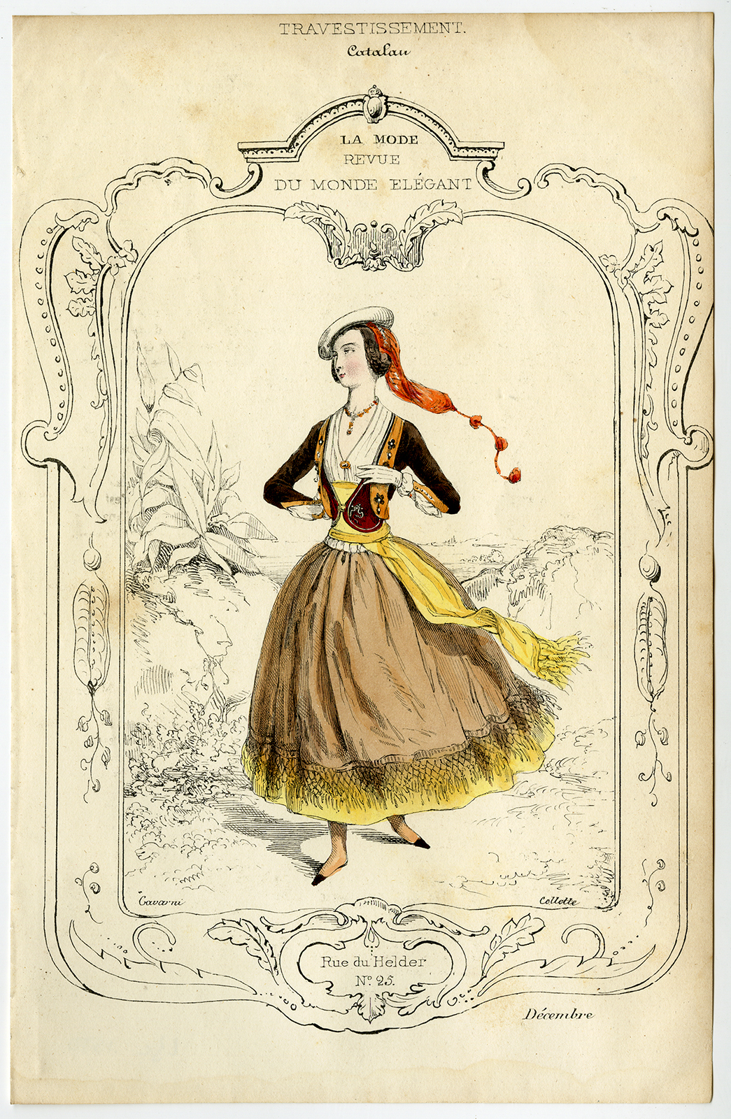 Antiguo Estampado-MODA-CHALECO-CATALÁN-NIÑA-Gavarni-Colette-1835