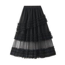 Lady Mesh Layer Skirt Tutu Tulle Midi Ruffle Tiered High Waist A Line Casual