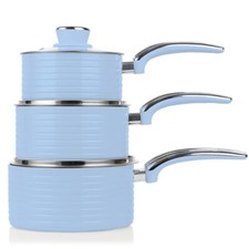 Swan Retro Blue Pan Set - 3 Piece Non Stick Pan Set with Glass Lids - 5 yr G`tee