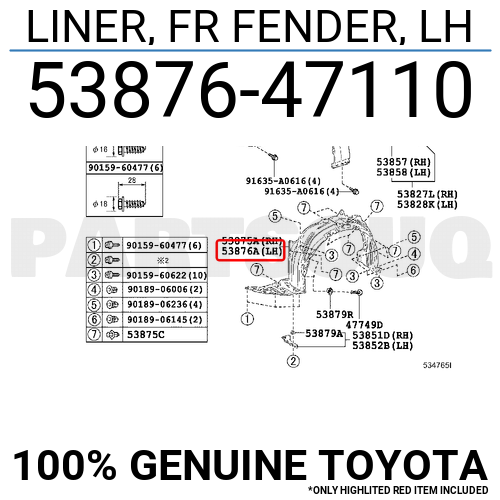 5387647110 Genuine Toyota LINER, FR FENDER, LH 53876-47110 | eBay