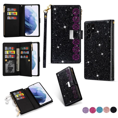 Leder Für Samsung S25 S24 S23 Ultra A54 A16 A55 Glitzer Handy Tasche Flip Hülle - Bild 19 von 22