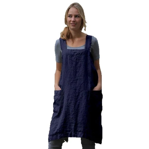 Lässiges lockeres Damenkleid Baumwolle Leinen Hausarbeit Wickeloptik gekreuzter Rückenschürze - Bild 14 von 26