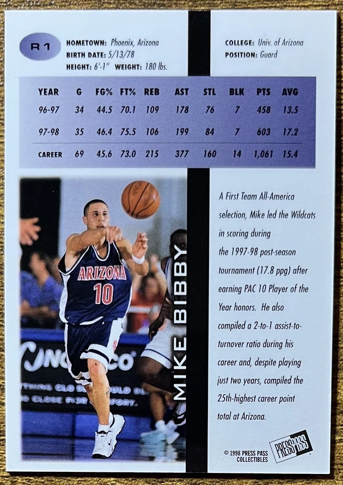 Pase de prensa Mike Bibby 1998 #R1 refractor novato radiocontrol Arizona ¡Envío gratuito! Foto 2 de 2