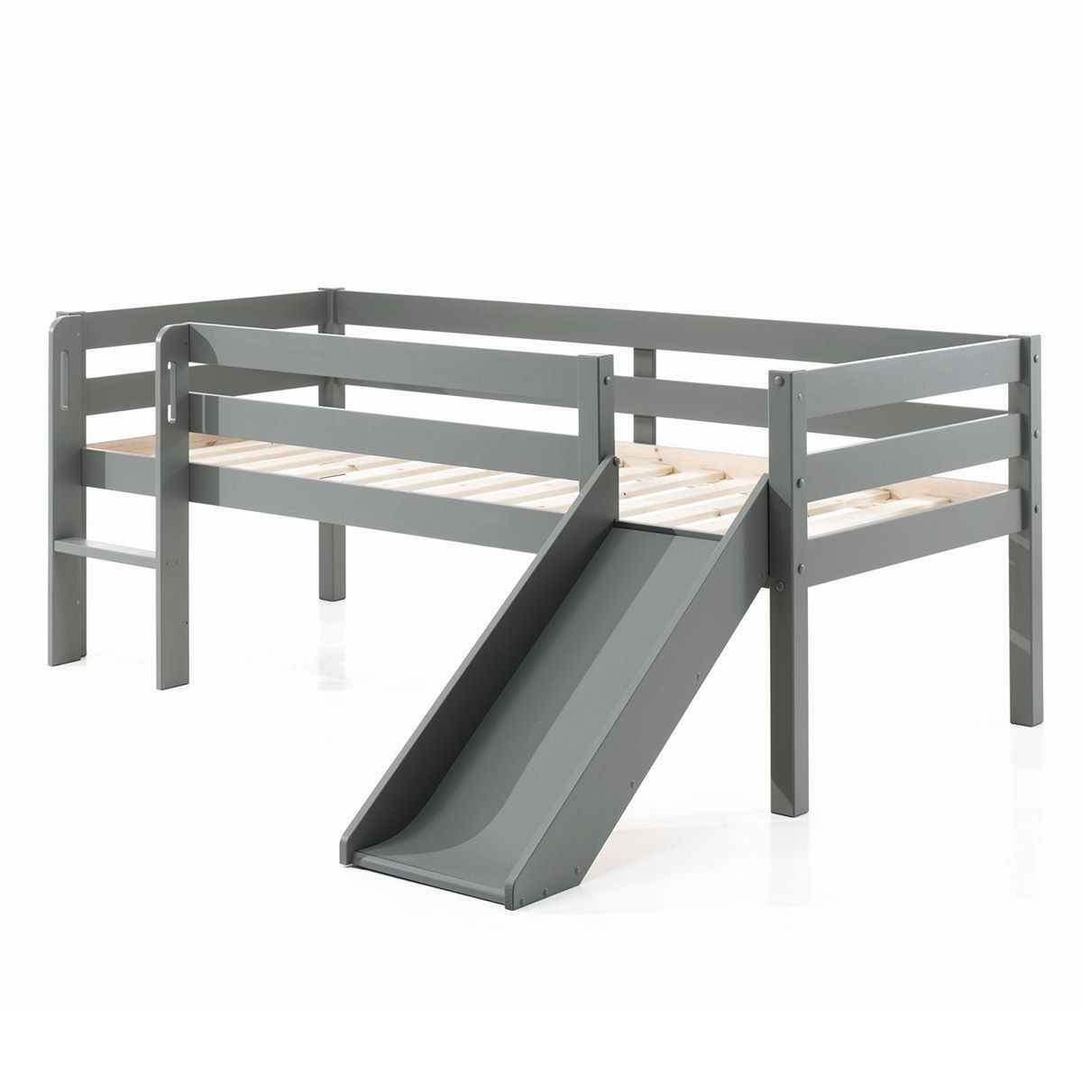 Lit enfant surélevé 90x200cm Pino gris avec toboggan pour libérer l'espace au sol