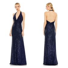 Mac Duggal Navy Sequin Halter Strap Plunge V Neck Gown Size 14 $348 Formal 11277