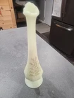Fenton Custard Satin Uranium Glass Footed Swung Bud Vase 11" w/ Flower leaf
