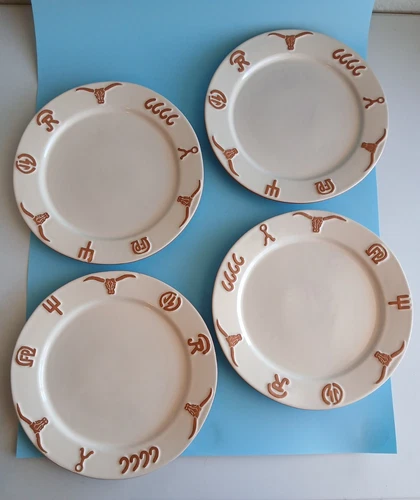 Frankoma Pottery KING RANCH Longhorn Bone White Lot Set 4 Dinner Plates Preowned