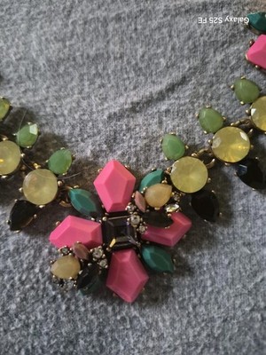 J.CREW Statement Flower Pendant Glass Necklace Pink Green Yellow Brass Chain