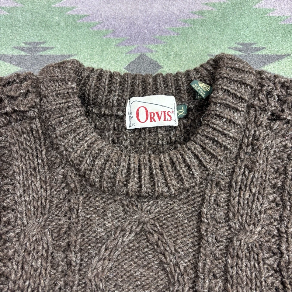 Vintage Orvis Irish Wool Sweater Mens XL Brown Chunky Cable Knit Fisherman - Image 3 of 4