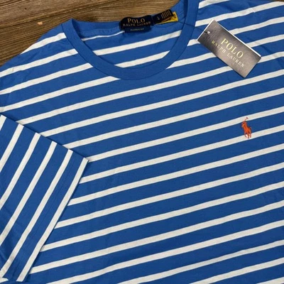 Polo Ralph Lauren Mens Large T-Shirt Blue White Striped Classic Fit NWT - Image 1 of 4