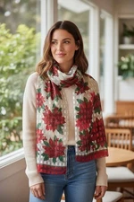 Poinsettia Scarf Sheer White Red Flower Christmas Holiday Vintage Wrap Party 58"