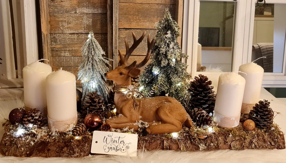 🌿 Weihnachten Advent Holz Tablett Adventskranz Hirsch Kerzen Natur LED  🌿 - Bild 2 von 4