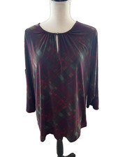 Vintage Chaps 2X Purple/Green Plaid Pullover Tunic Top Round Neck 3/4 Slvs