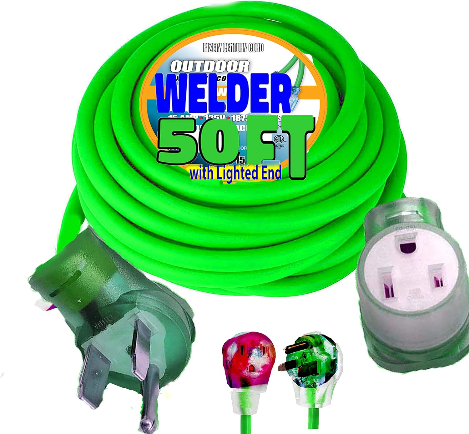 Welder Extension Cord 50 Ft 10,000 Watts Nema 6-50 250-Volt Lighted End 8/3 8 Ga