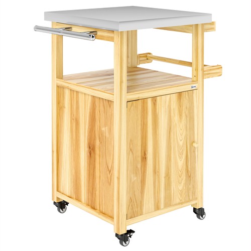 Natural Wood Outsunny Grill Cart, Kitchen Island with Stainless Steel Top