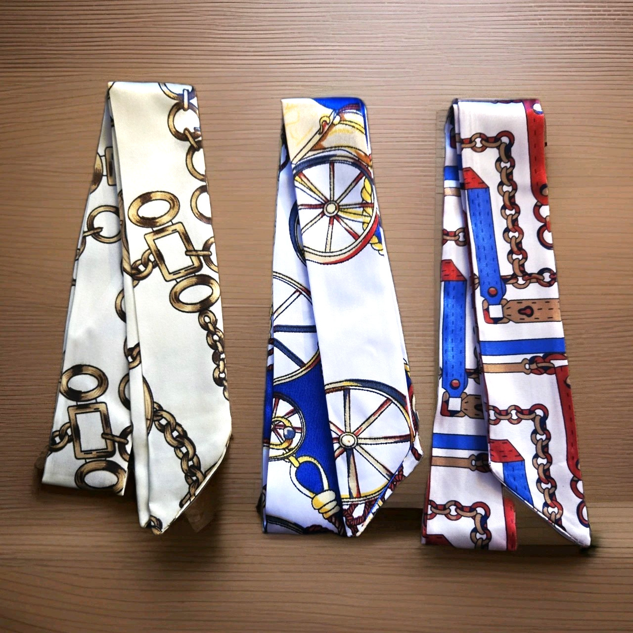 Lot of 3 Nautical Print Satin Handbag Scarves Neckerchief Wrap 32 x 1.5 in