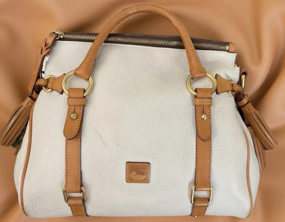 Dooney Bourke White Brown Pebbled & Florentine Leather Buckle Satchel Bag Purse - Image 4 of 4