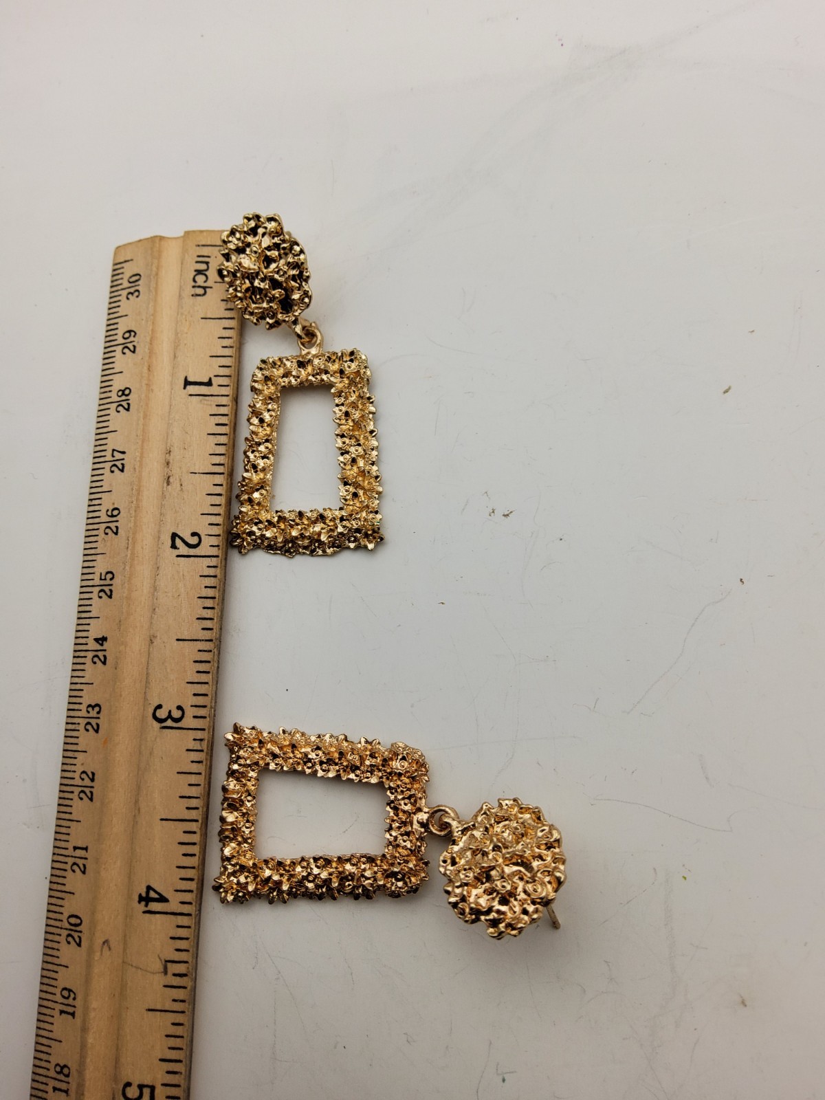 Gold Tone Nugget Style Rectangular Dangle Earrings - image 4