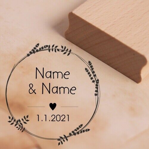 Motivstempel Vintage Kranz Hochzeit Namen + Datum Herz Stempel Hochzeitsstempel - Bild 1 von 1