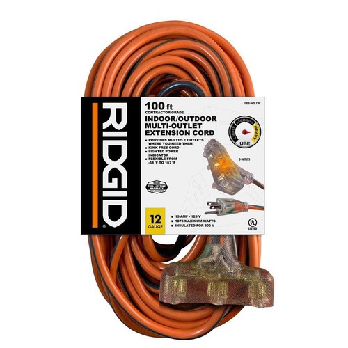 RIDGID 100 ft. 12/3 Heavy Duty Extension Cord Tritap Lighted End, Orange/Grey eBay