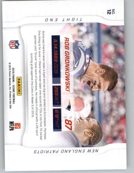 2016 Score Sidelines #12 Rob Gronkowski (ref 149854) - Image 2 of 2