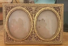 Vintage Double  Picture Frame Cut Out Filigree Type Gold Tone Convex Glass.