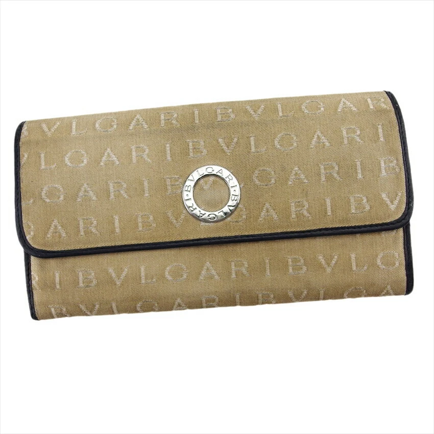 BVLGARI Long Wallet Logo Mania Beige Canvas x Leather Authentic USED Q738