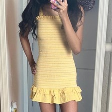 American Eagle Dress Womens Large Yellow Smocked Ruffle Sleeveless Mini Linen