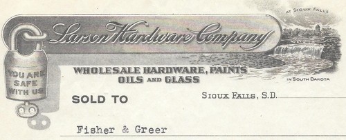 Premium Billhead Larson Hardware Co. BH042 Oils & Glass, Sioux Falls, S.D., 1921