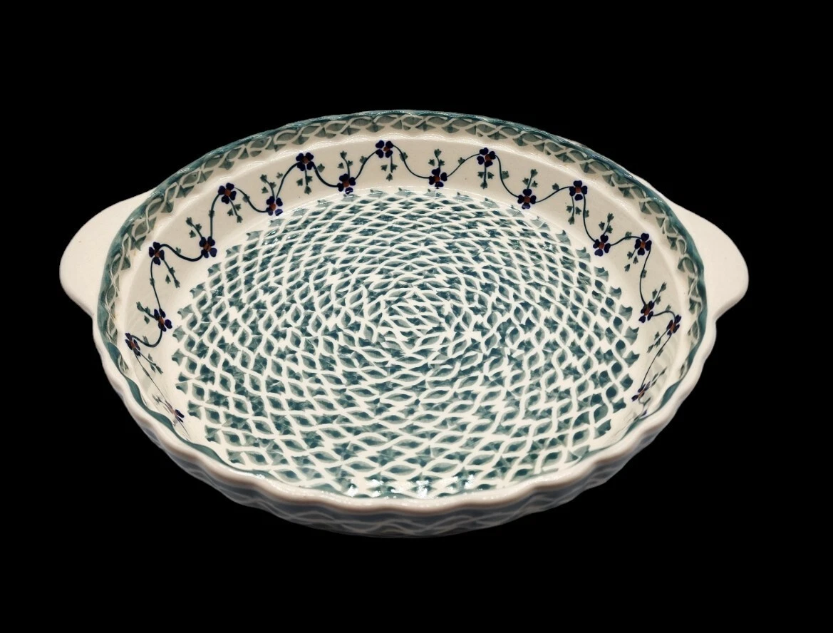 Blue Rose Clover Polish Pottery Pie Plate with Handles Poland Sage 10" Pie Dish