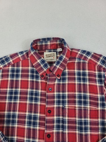 Naked & Famous Shirt Mens Medium Red Plaid Light Flannel Button Up Outdoor