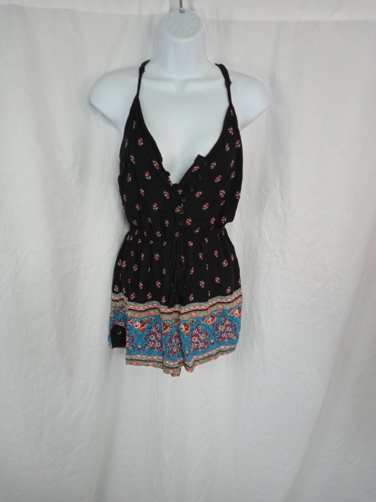 xhilaration Romper Spaghetti Strap Button Front Drawstring Multi Color Floral...-image