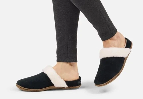 NEW Sorel Women US Size 10 Nakiska Slide II Faux Fur Slippers Black Suede Gift